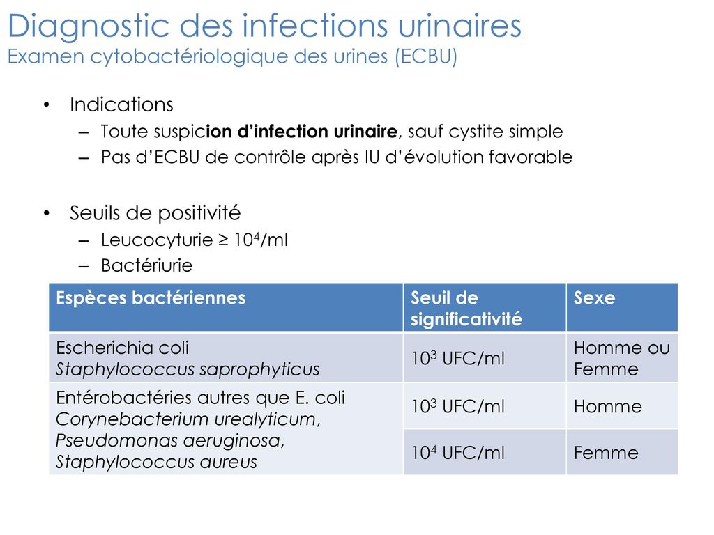 Diagnostic des infections urinaires Examen cytobactériologique des urines (ECBU)