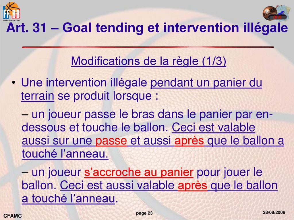 Art. 31 – Goal tending et intervention illégale