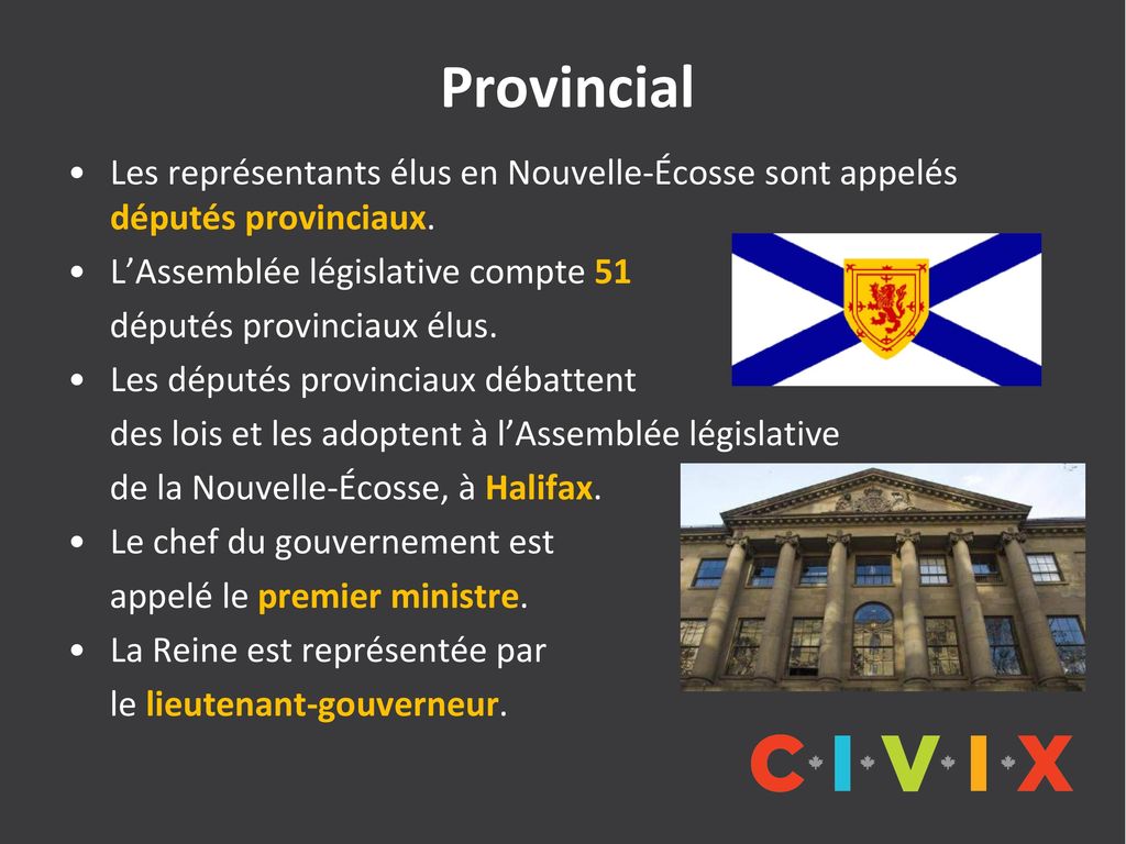 Provincial Les représentants élus en Nouvelle-Écosse sont appelés députés provinciaux. L’Assemblée législative compte 51.
