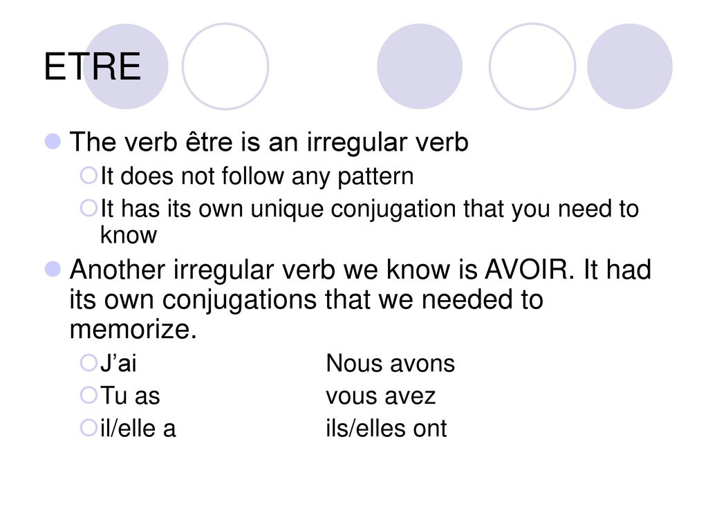 ETRE The verb être is an irregular verb