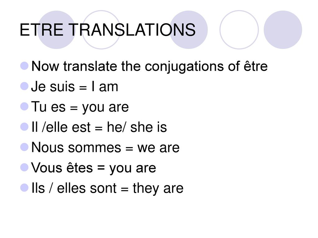 ETRE TRANSLATIONS Now translate the conjugations of être