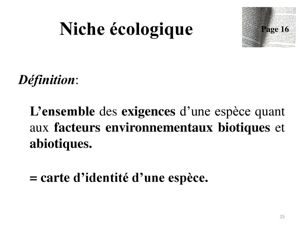 Niche écologique Définition: = carte d’identité d’une espèce.