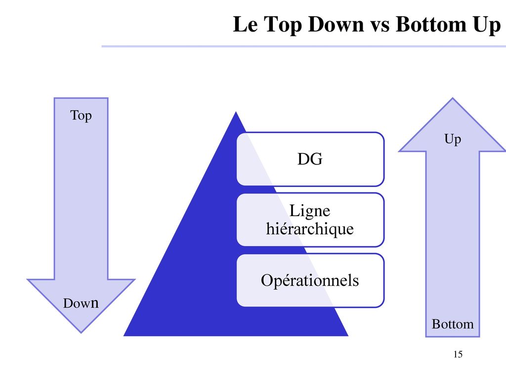 Le Top Down vs Bottom Up DG Ligne hiérarchique Opérationnels Top Up