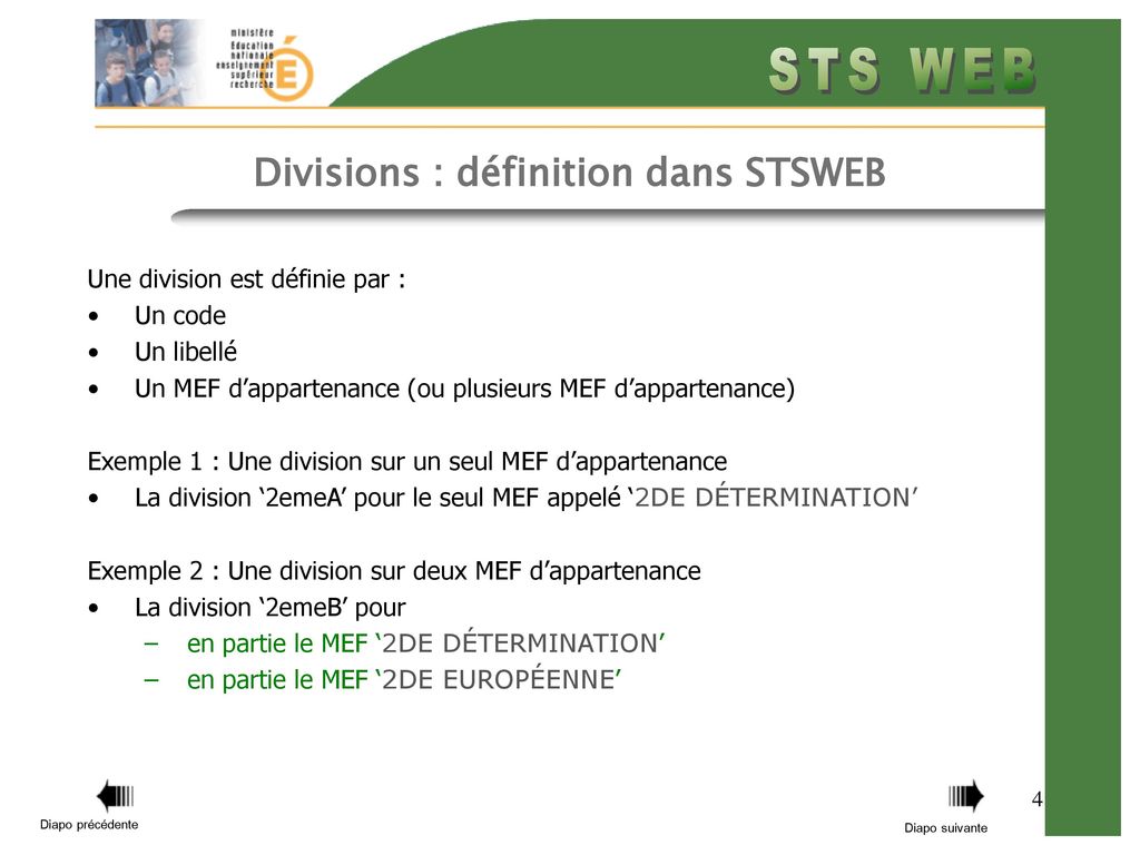 Divisions : définition dans STSWEB