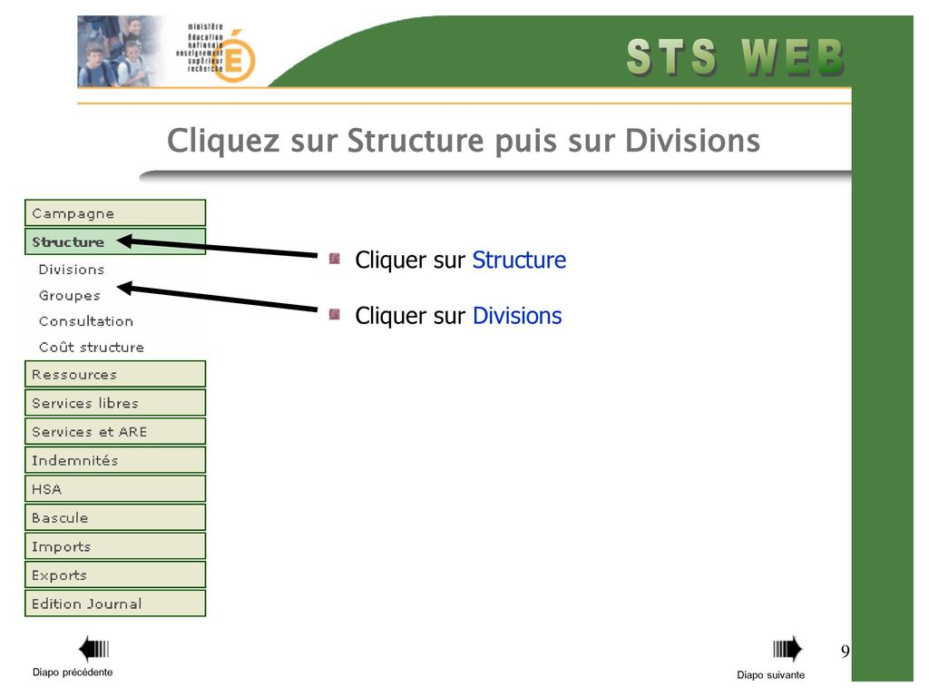 Cliquez sur Structure puis sur Divisions