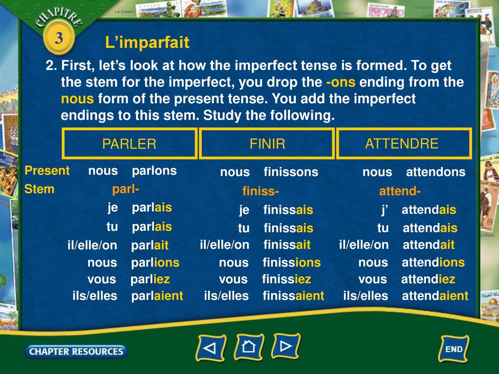 L’imparfait 2. First, let’s look at how the imperfect tense is formed. To get. the stem for the imperfect, you drop the -ons ending from the.