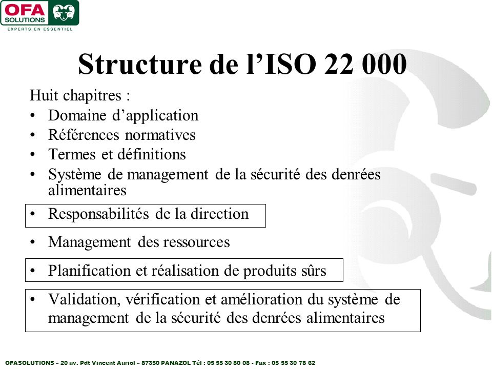 Structure de l’ISO Huit chapitres : Domaine d’application