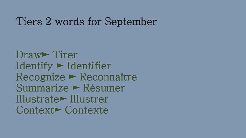 Tiers 2 words for September Draw► Tirer Identify ► Identifier Recognize ► Reconnaître Summarize ► Résumer Illustrate► Illustrer Context► Contexte