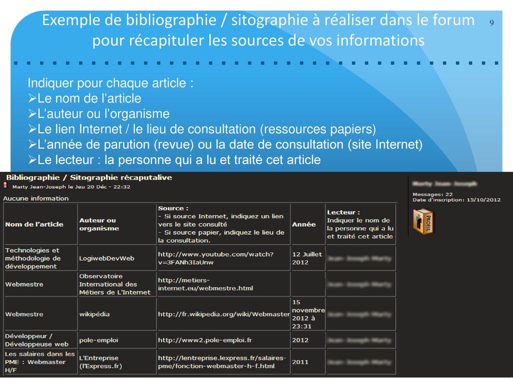 Exemple de bibliographie / sitographie à réaliser dans le forum pour récapituler les sources de vos informations