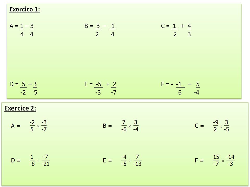 Exercice 1: A = 1 – 3 B = 3 – 1 C = D = 5 – 3 E = F = - -1 – 5.