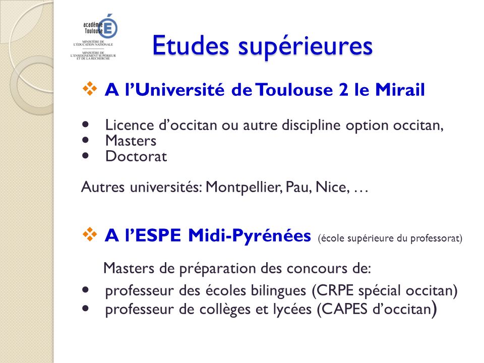 Etudes supérieures A l’Université de Toulouse 2 le Mirail