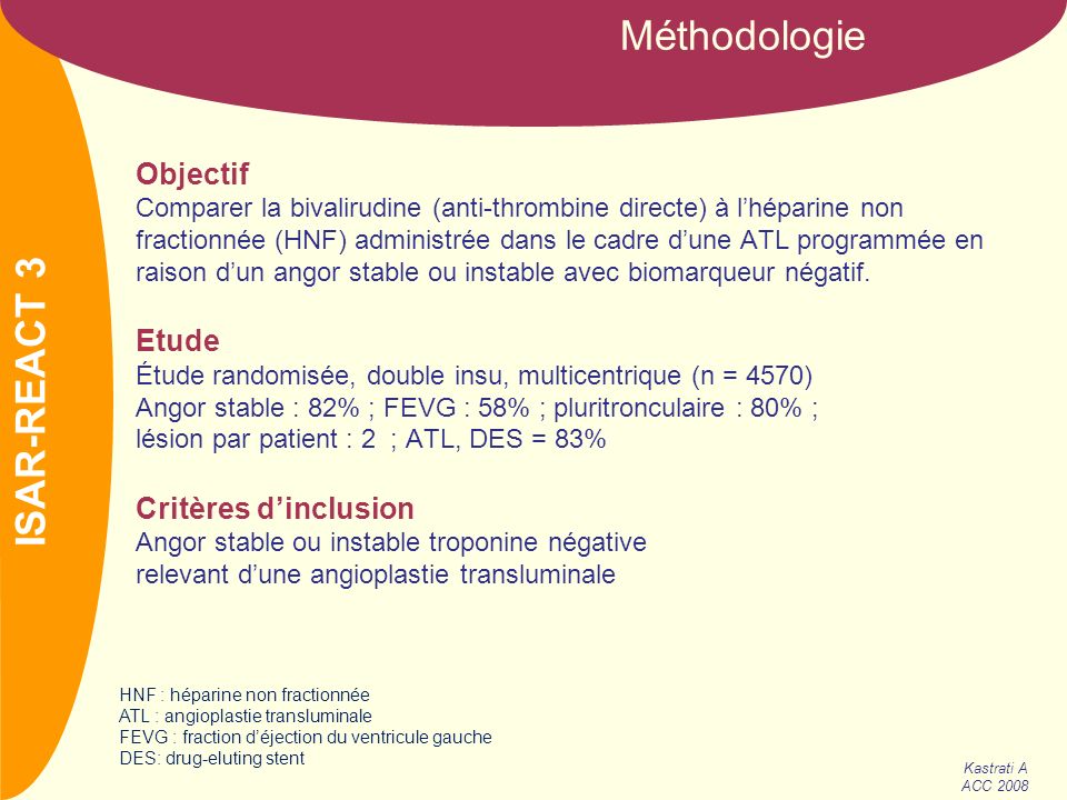 Méthodologie ISAR-REACT 3 Objectif Etude Critères d’inclusion