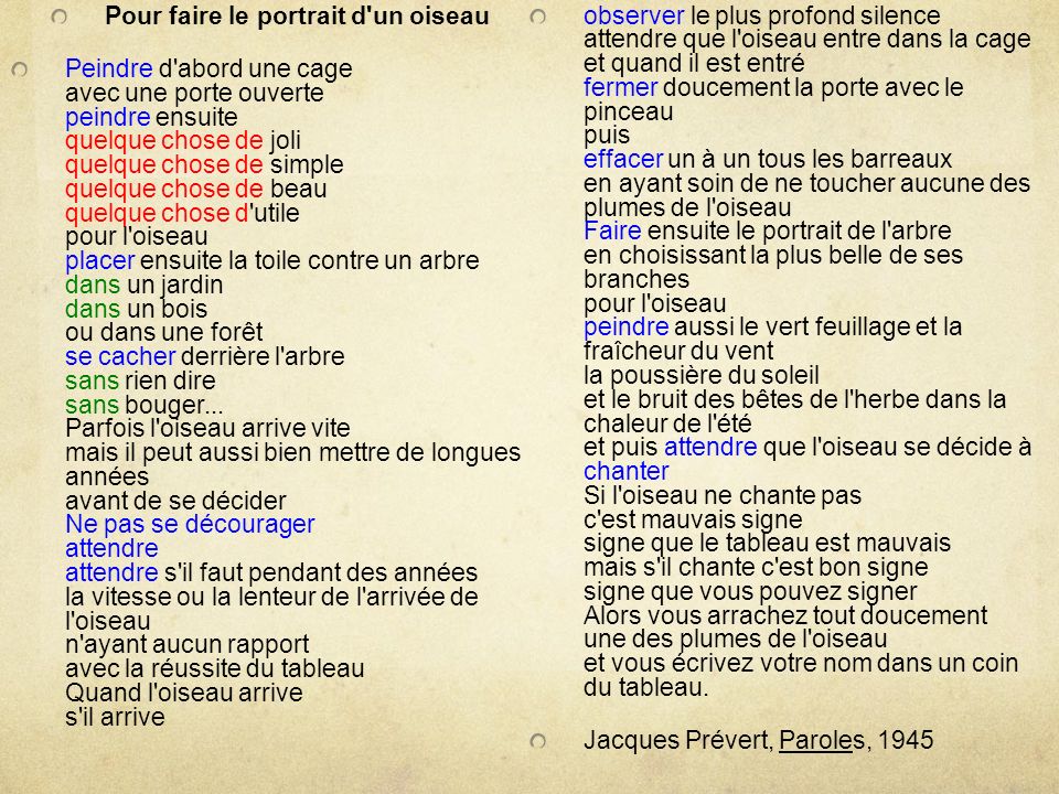 Un Calligramme Différent Sur Le Poème De Jacques Prévert