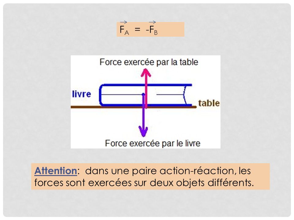 FA = -FB Attention: dans une paire action-réaction, les forces sont exercées sur deux objets différents.