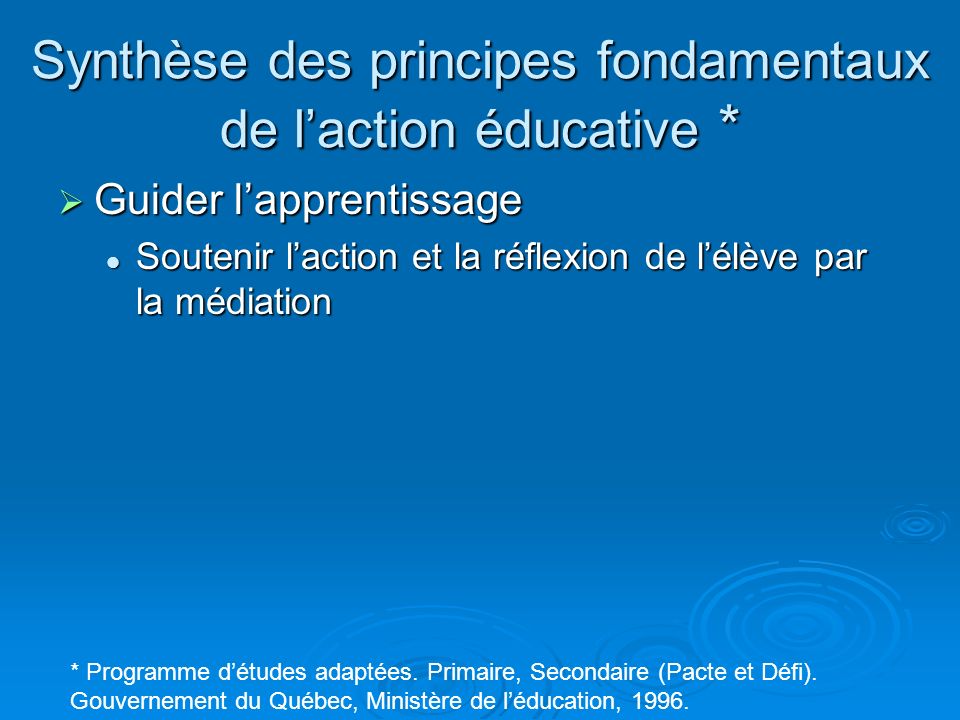 Synthèse des principes fondamentaux de l’action éducative *
