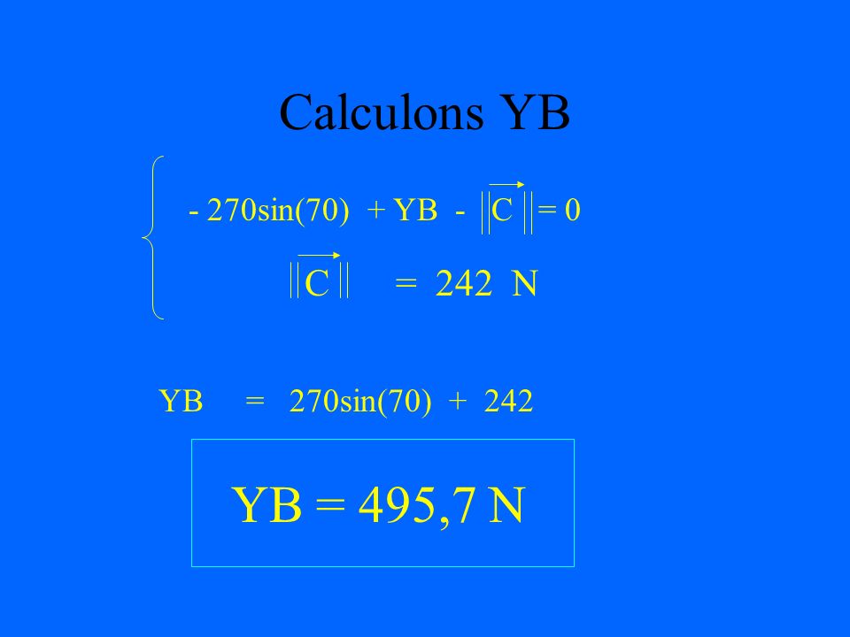 Calculons YB YB = 495,7 N C = 242 N - 270sin(70) + YB - C = 0