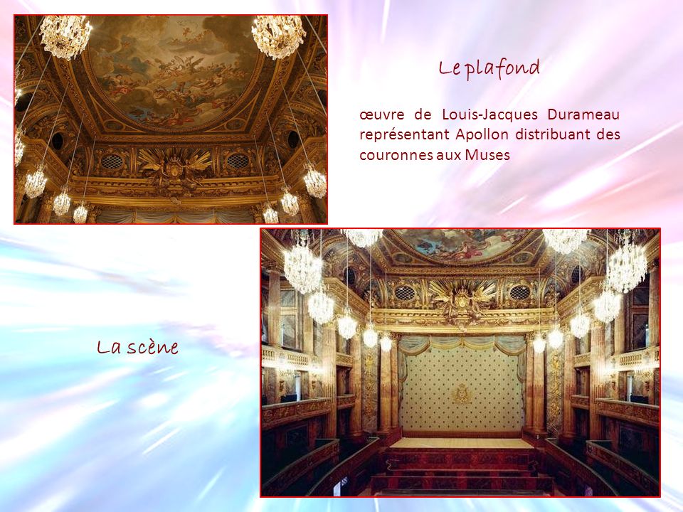 Le plafond œuvre de Louis-Jacques Durameau représentant Apollon distribuant des couronnes aux Muses.