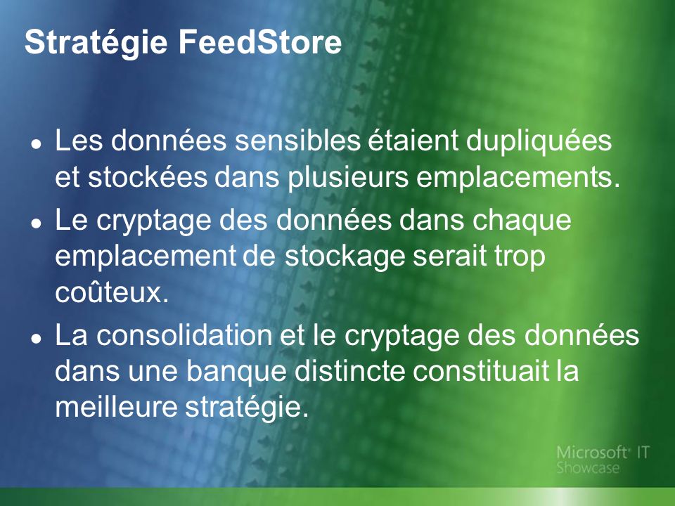 Stratégie FeedStore Les données sensibles étaient dupliquées et stockées dans plusieurs emplacements.