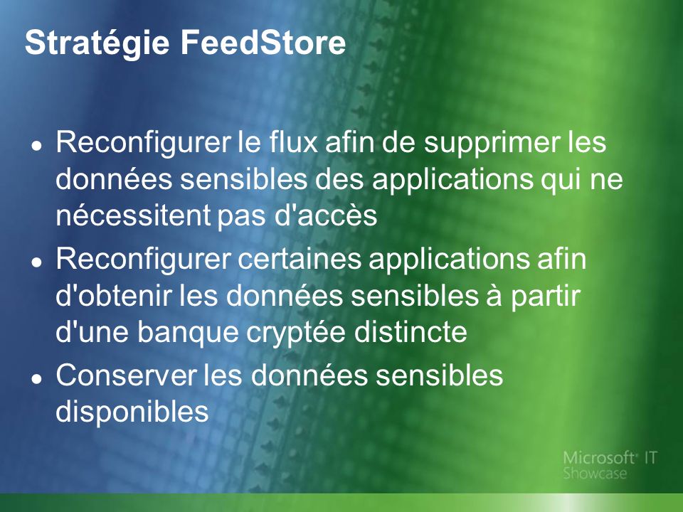 Stratégie FeedStore Reconfigurer le flux afin de supprimer les données sensibles des applications qui ne nécessitent pas d accès.