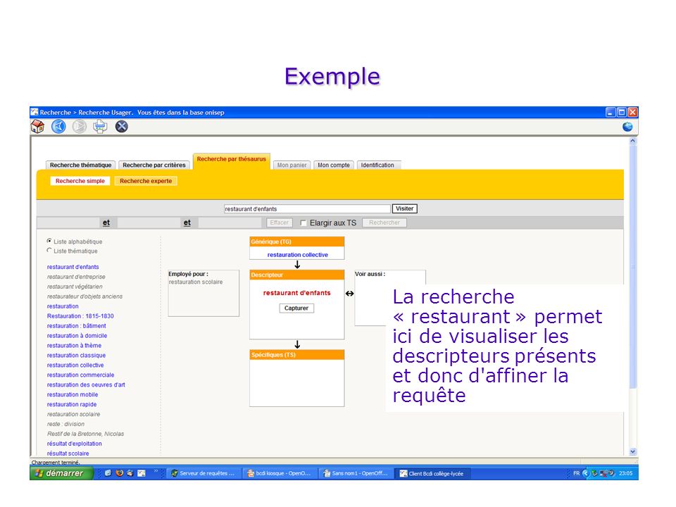 Exemple La recherche « restaurant » permet ici de visualiser les descripteurs présents et donc d affiner la requête.