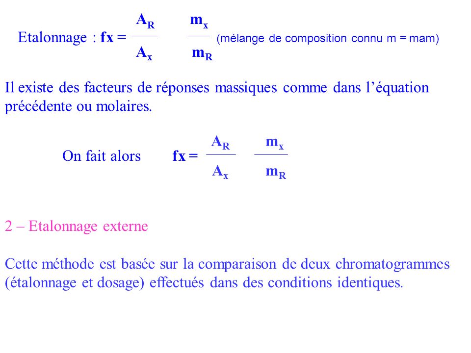 AR mx Etalonnage : fx = (mélange de composition connu m ≈ mam) Ax mR.