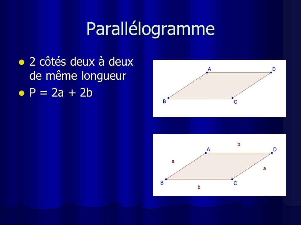 Parallélogramme 2 côtés deux à deux de même longueur P = 2a + 2b
