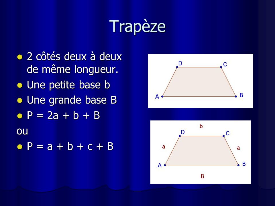 Trapèze 2 côtés deux à deux de même longueur. Une petite base b