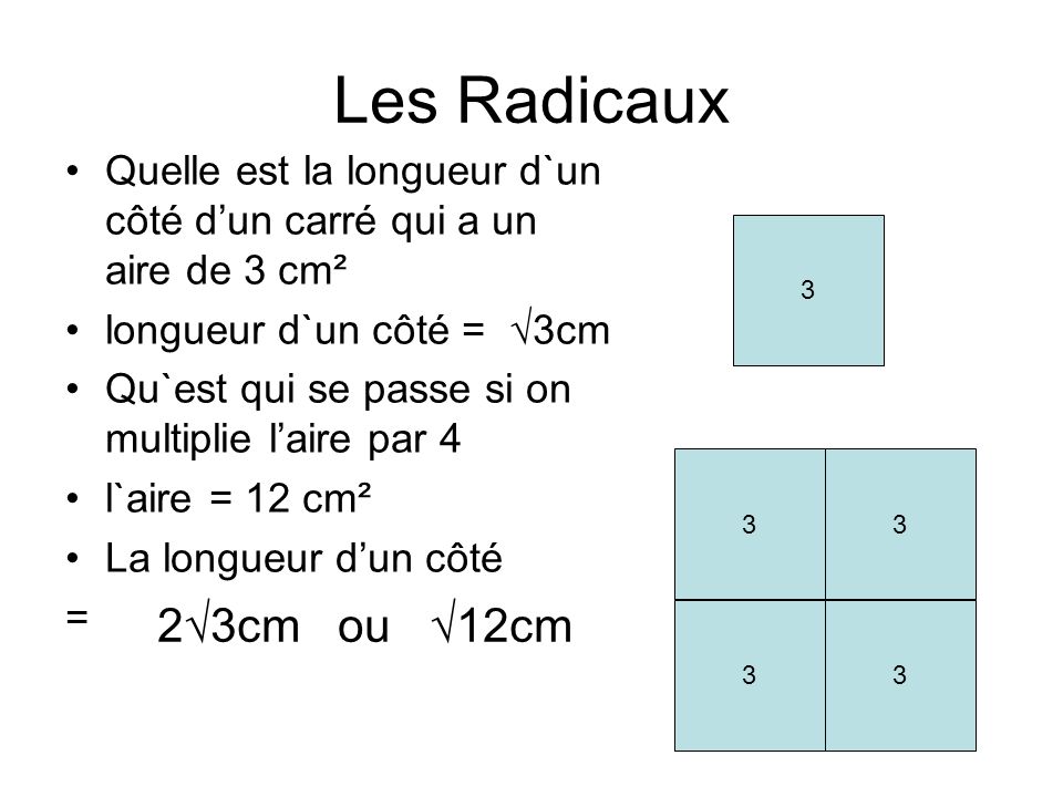 Les Radicaux Quelle est la longueur d`un côté d’un carré qui a un aire de 3 cm². longueur d`un côté = √3cm.
