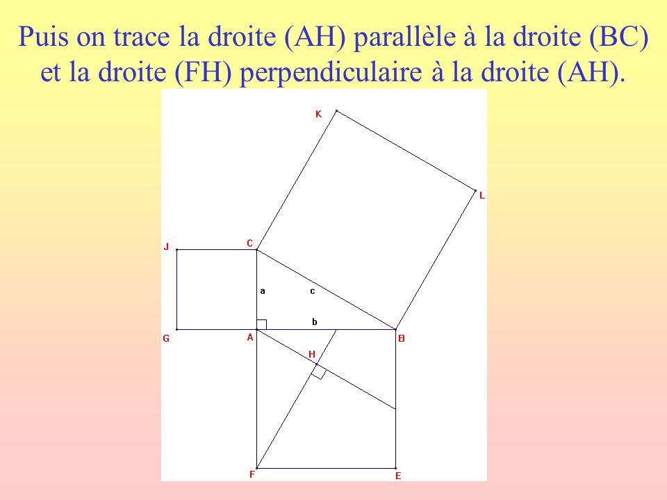 Puis on trace la droite (AH) parallèle à la droite (BC) et la droite (FH) perpendiculaire à la droite (AH).