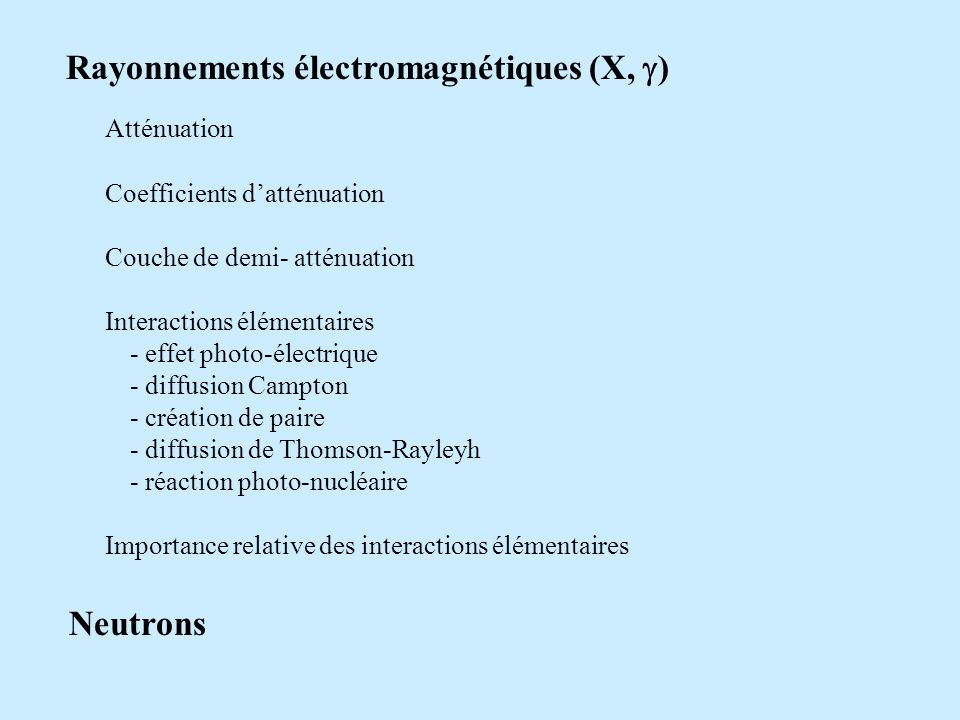 Neutrons Rayonnements électromagnétiques (X, g) Atténuation