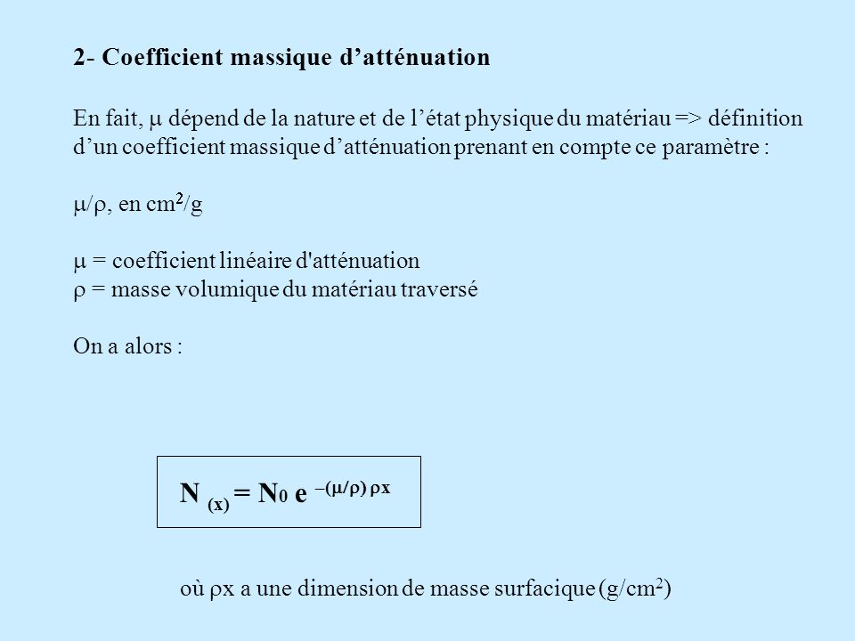 N (x) = N0 e –(m/) x 2- Coefficient massique d’atténuation