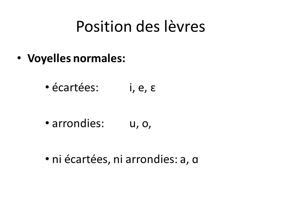 Position des lèvres Voyelles normales: écartées: i, e, ɛ