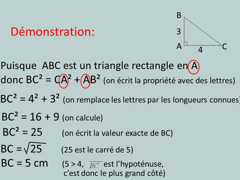 B A. C Démonstration: Puisque ABC est un triangle rectangle en A. donc BC² = CA² + AB² (on écrit la propriété avec des lettres)