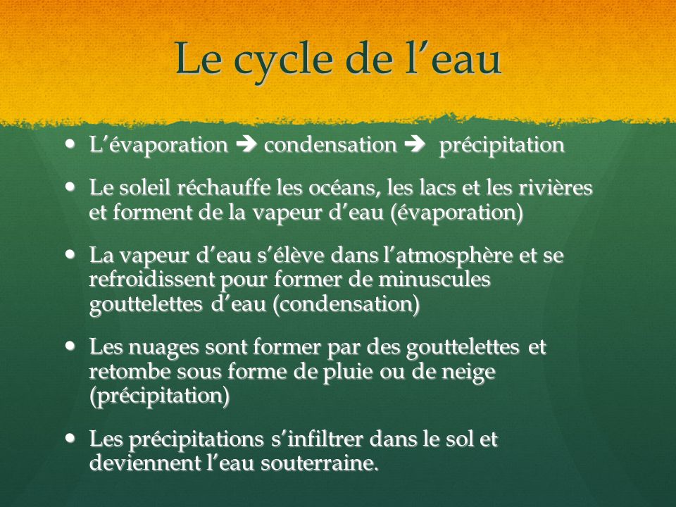 Le cycle de l’eau L’évaporation  condensation  précipitation