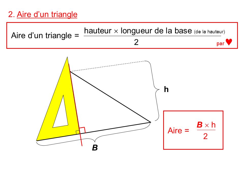 hauteur  longueur de la base (de la hauteur) Aire d’un triangle = 2