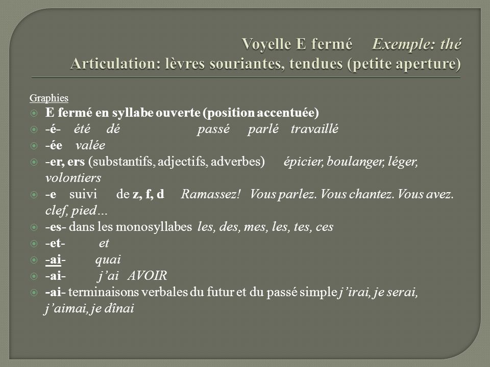 Voyelle E fermé Exemple: thé Articulation: lèvres souriantes, tendues (petite aperture)