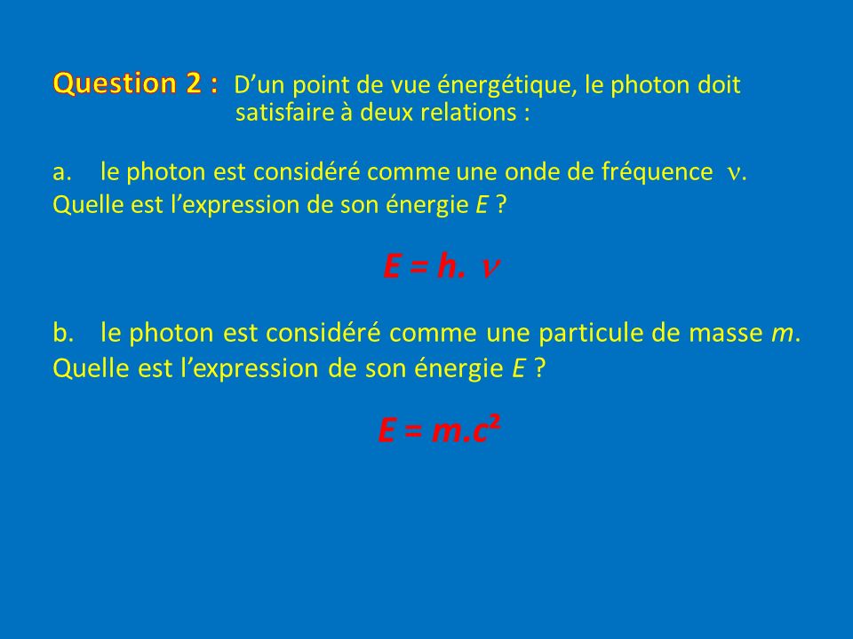 Question 2 : D’un point de vue énergétique, le photon doit