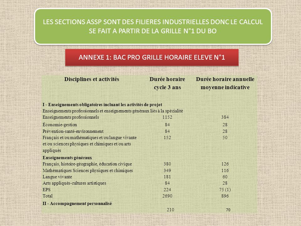ANNEXE 1: BAC PRO GRILLE HORAIRE ELEVE N°1