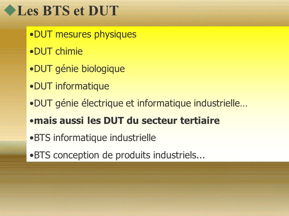 Les BTS et DUT DUT mesures physiques DUT chimie DUT génie biologique