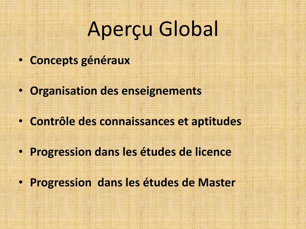 Aperçu Global Concepts généraux Organisation des enseignements