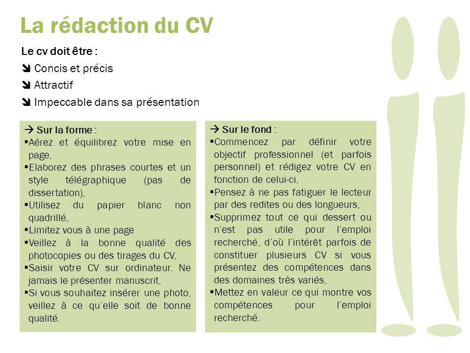 La rédaction du CV Le cv doit être :  Concis et précis  Attractif