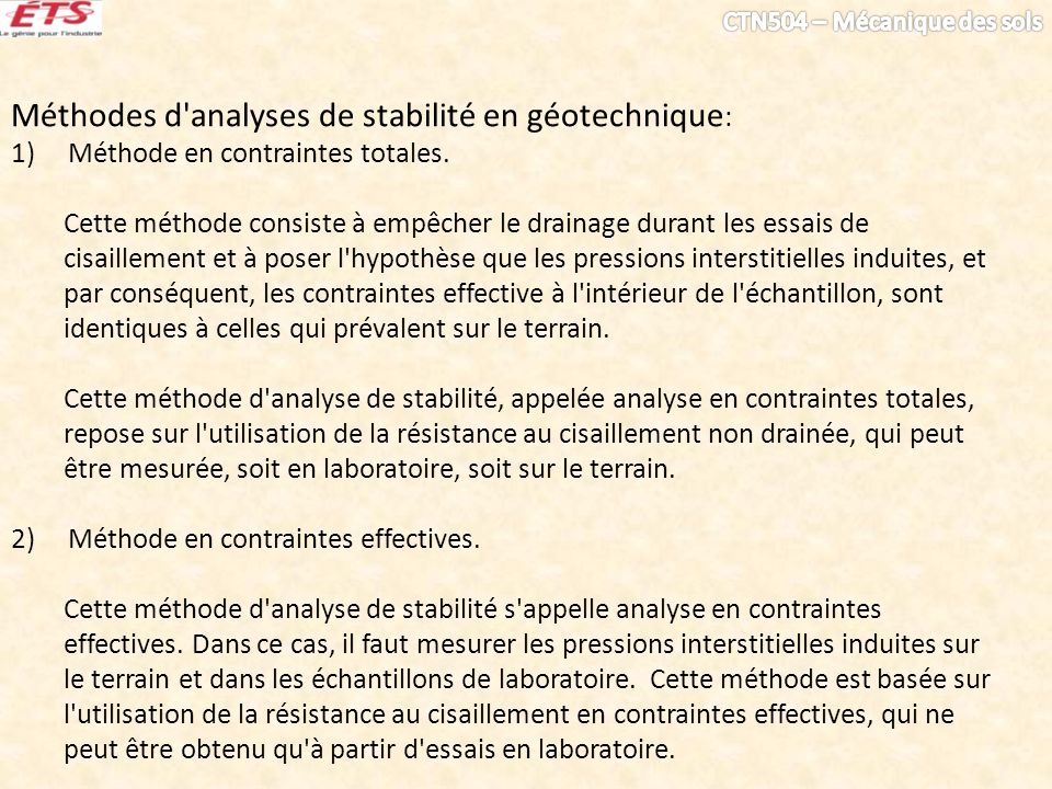 Méthodes d analyses de stabilité en géotechnique: