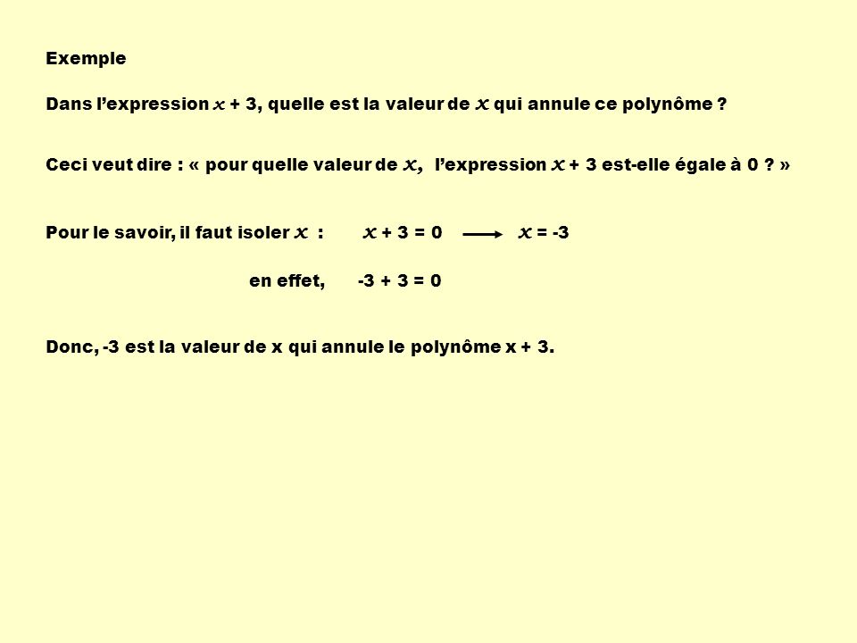 Exemple Dans l’expression x + 3, quelle est la valeur de x qui annule ce polynôme