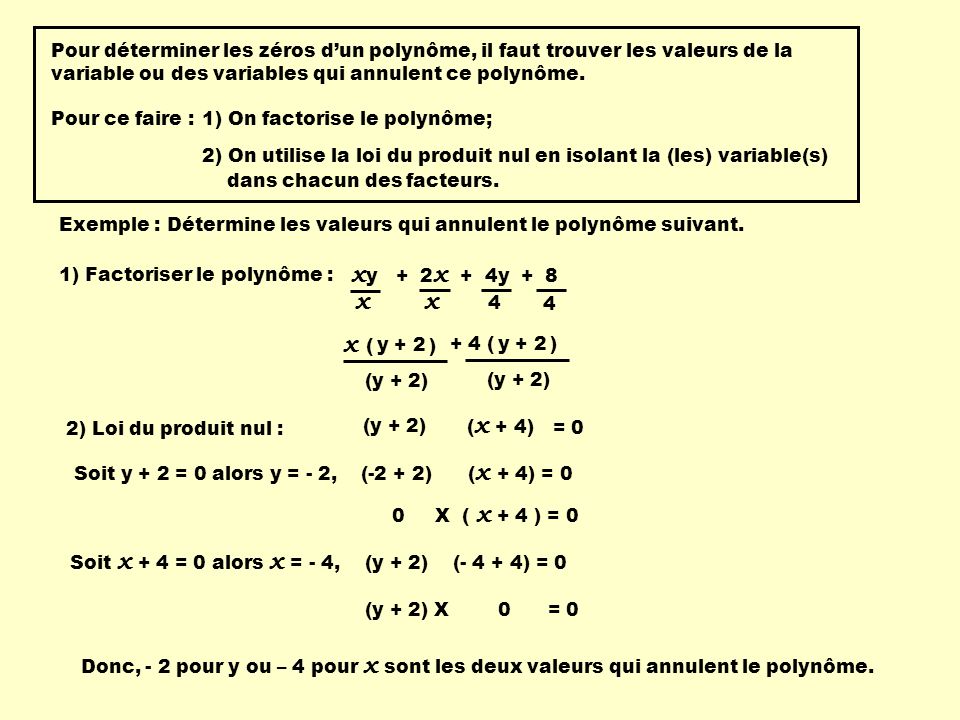 Pour déterminer les zéros d’un polynôme, il faut trouver les valeurs de la variable ou des variables qui annulent ce polynôme.