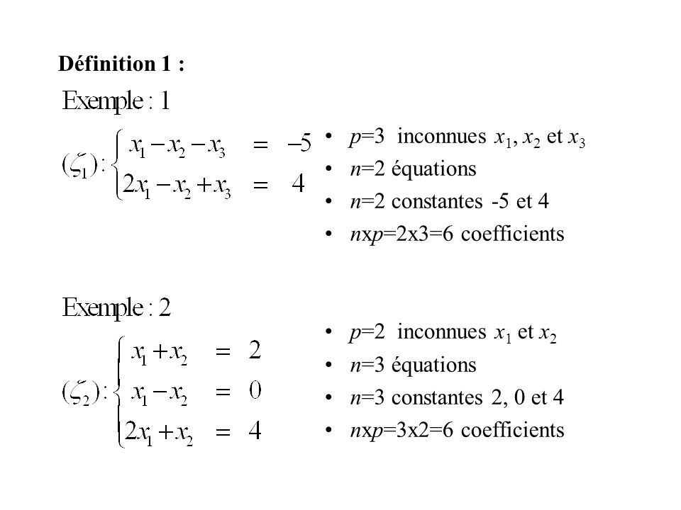 Définition 1 : p=3 inconnues x1, x2 et x3. n=2 équations. n=2 constantes -5 et 4. nxp=2x3=6 coefficients.