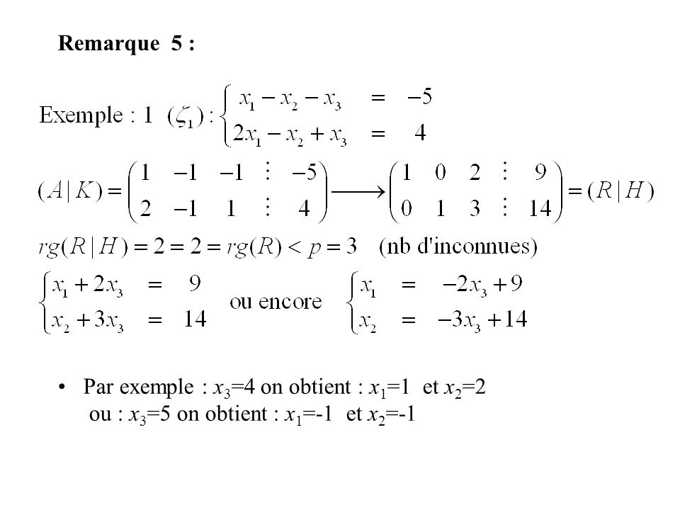 Remarque 5 : Par exemple : x3=4 on obtient : x1=1 et x2=2 ou : x3=5 on obtient : x1=-1 et x2=-1