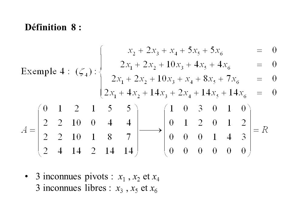 Définition 8 : 3 inconnues pivots : x1 , x2 et x4 3 inconnues libres : x3 , x5 et x6