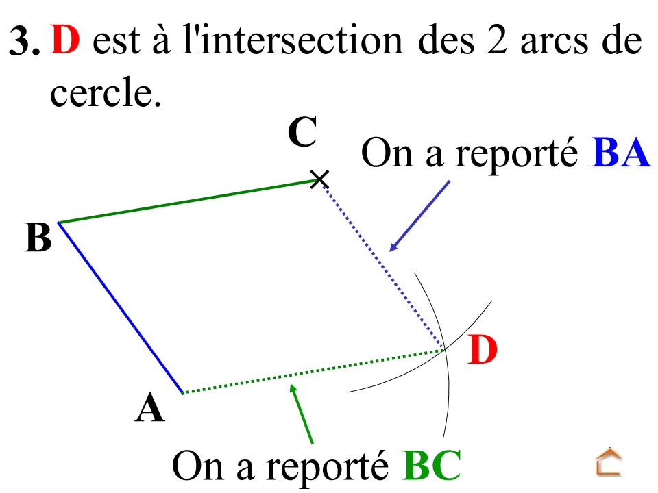 3. D est à l intersection des 2 arcs de cercle. C On a reporté BA  B D A On a reporté BC
