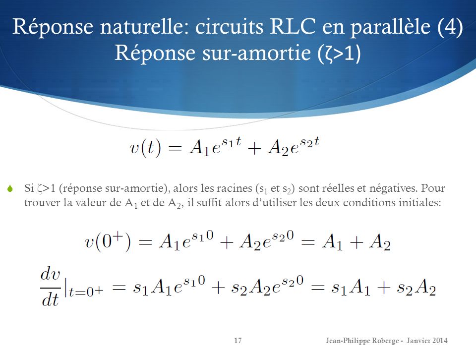 Réponse naturelle: circuits RLC en parallèle (4) Réponse sur-amortie (ζ>1)