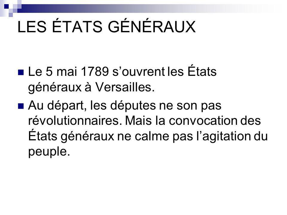 LES ÉTATS GÉNÉRAUX Le 5 mai 1789 s’ouvrent les États généraux à Versailles.